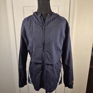 Adidas Navy Blue Windbreaker Running Jacket with Hood | Camo Overlay Size S
